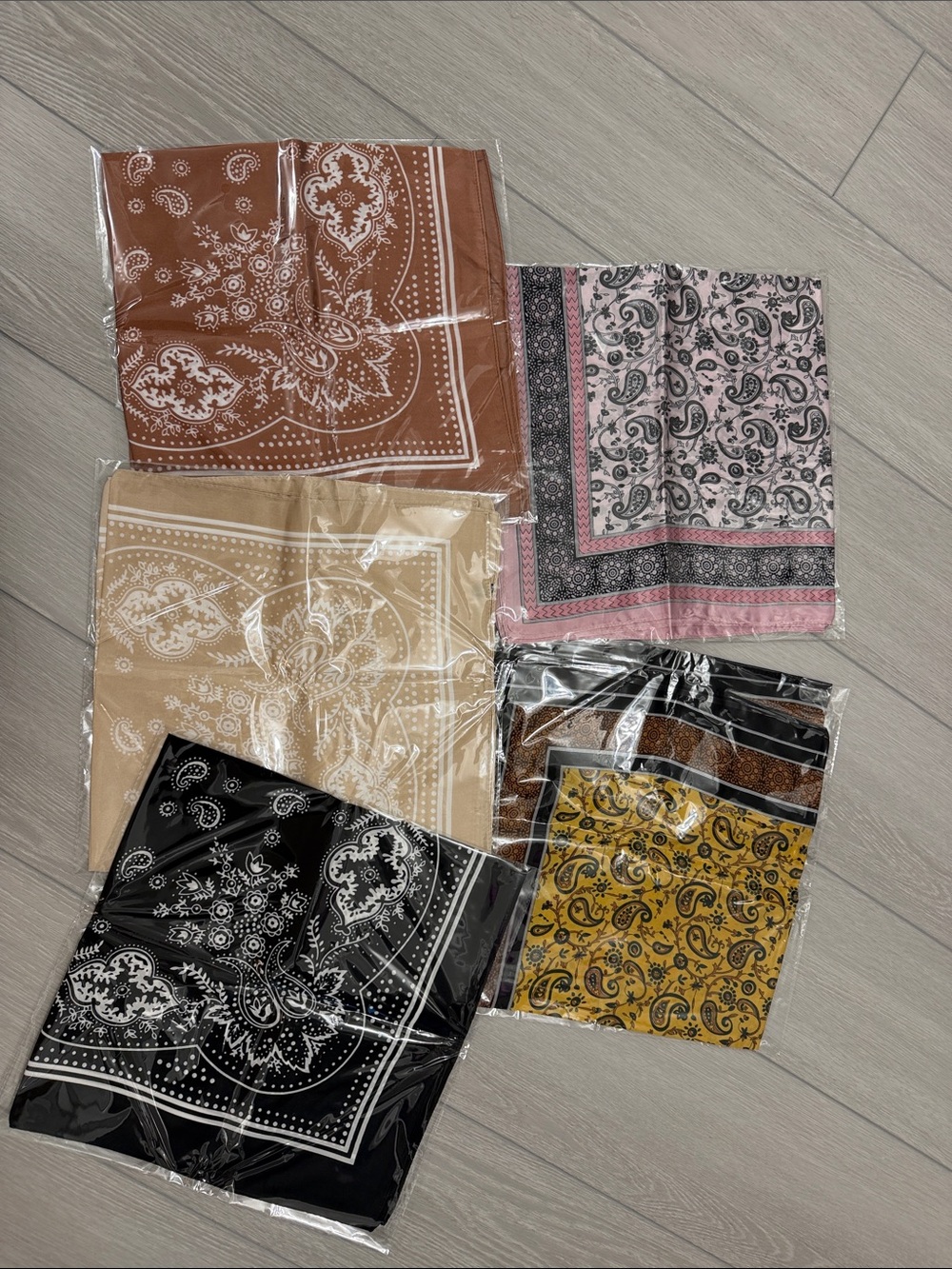 Brand new!  Satin Square bandana print scarves.